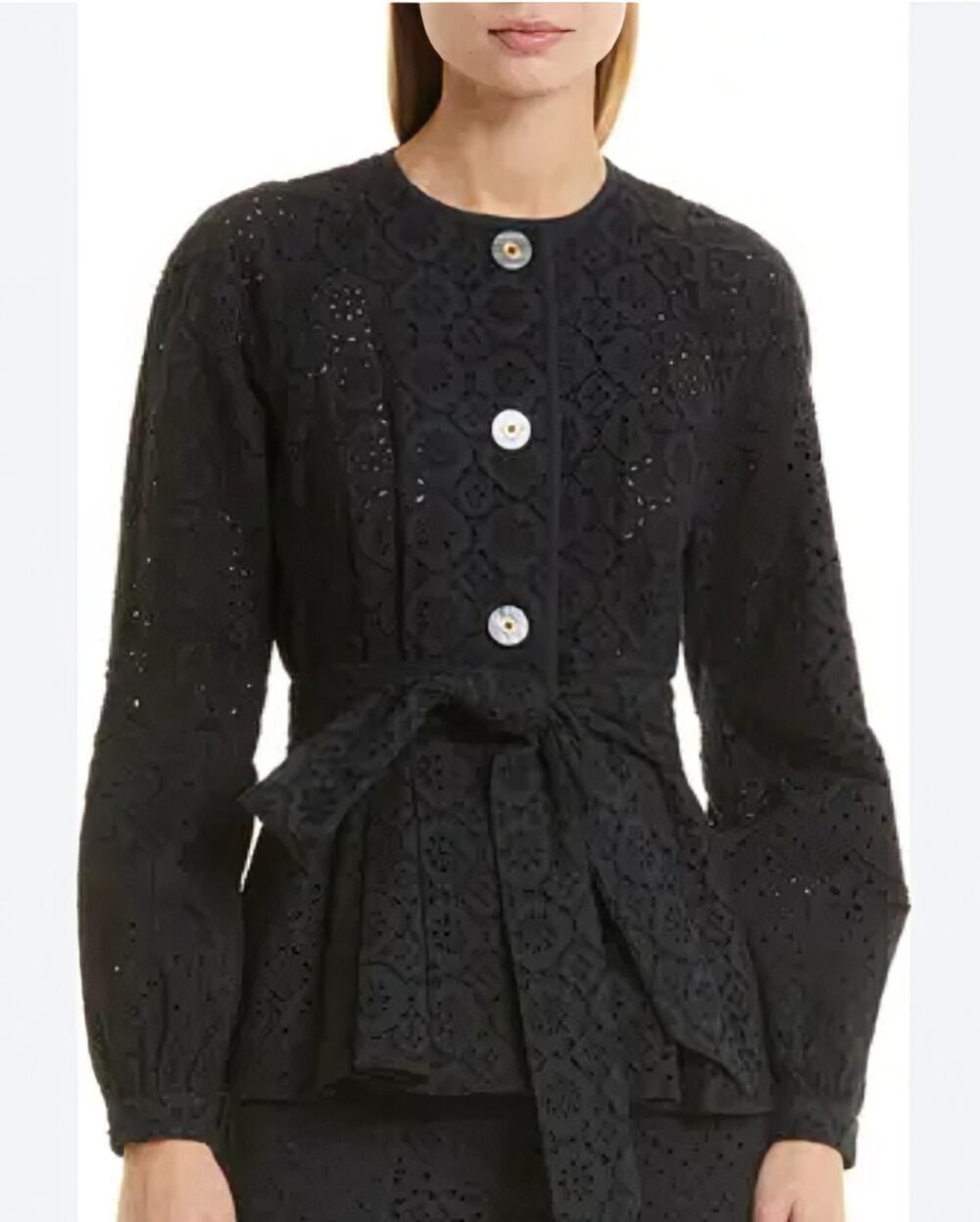 Veronica Beard Kapnos Eyelet Jacket Black Cotton Peplum BeltTailored Blazer 14